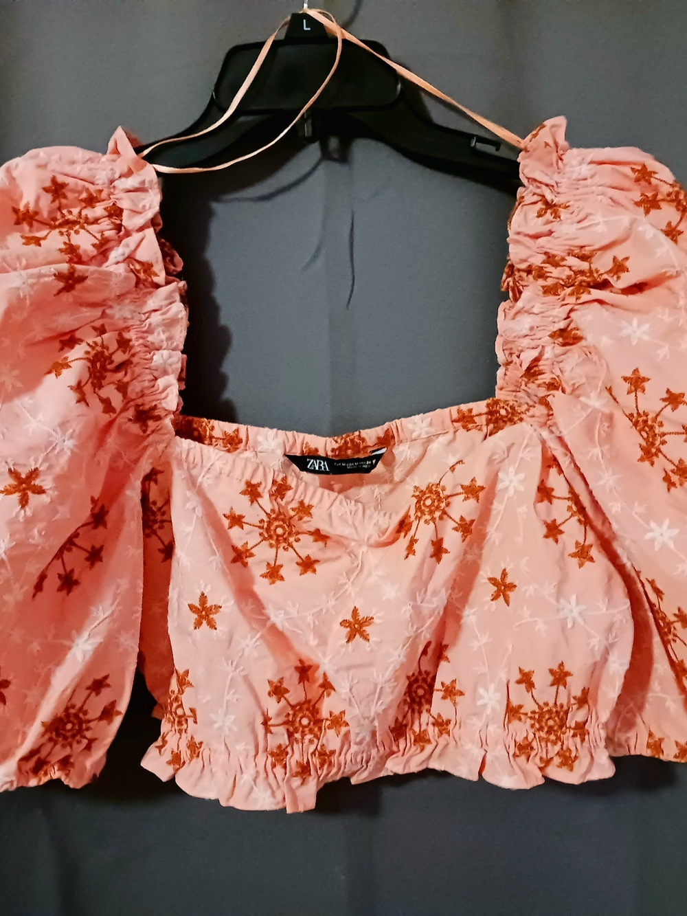 ZARA Pink Embroidered Puff-Sleeve Crop Top